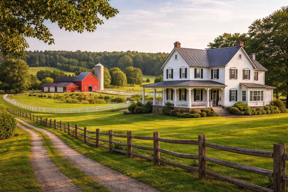 White two-story farmhouse with a wraparound porch on a manicured, sunlit farm, with a red barn and silo in the distance.