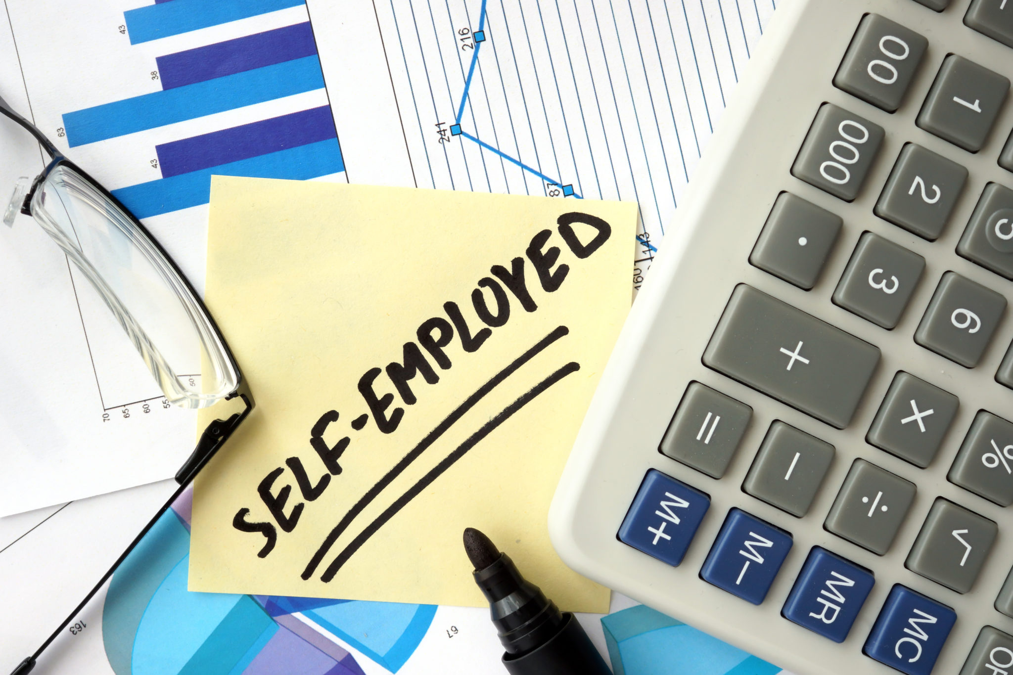 Note reading 'SELF-EMPLOYED' on a sticky pad beside a calculator and glasses, with charts suggesting business finances (informative).