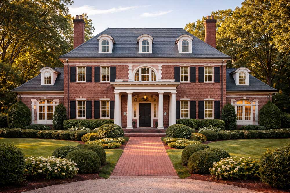 Brick colonial-style mansion with white columns, black shutters, and a brick path to the front door amid manicured shrubs.