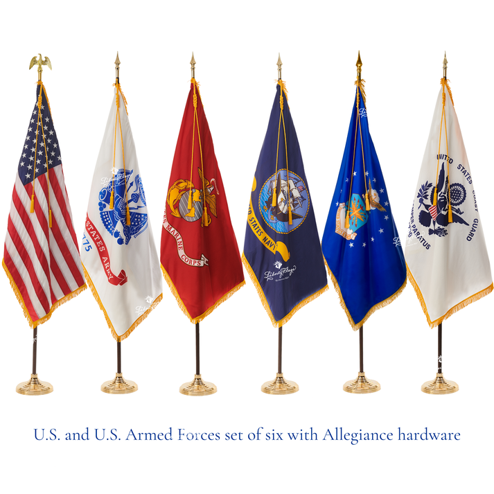 Six flags on gold stands representing the U.S. flag and five military branches, arranged in a row