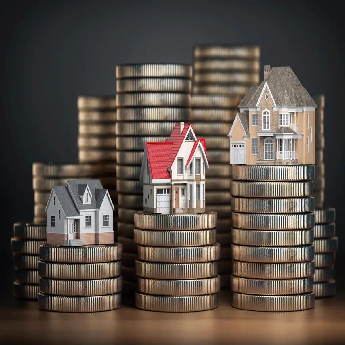 Stacks of coins with miniature houses perched on top, illustrating real estate investment and property value growth.